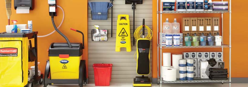 Shop janitorial supplies (Pictured: Janitor cart, cleaning solutions, toilet paper, wet floor sign, etc.)